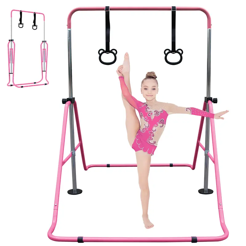 WKKEOM Child-Sized Gymnastics Bar for Kids with Rings, 35'' to 51'' Adjustable Height Foldable Horizontal Bar, Steel Frame, Triangular Base, Home Gym Equipment, 140 lbs Capacity, Ideal for Home Practice and Play