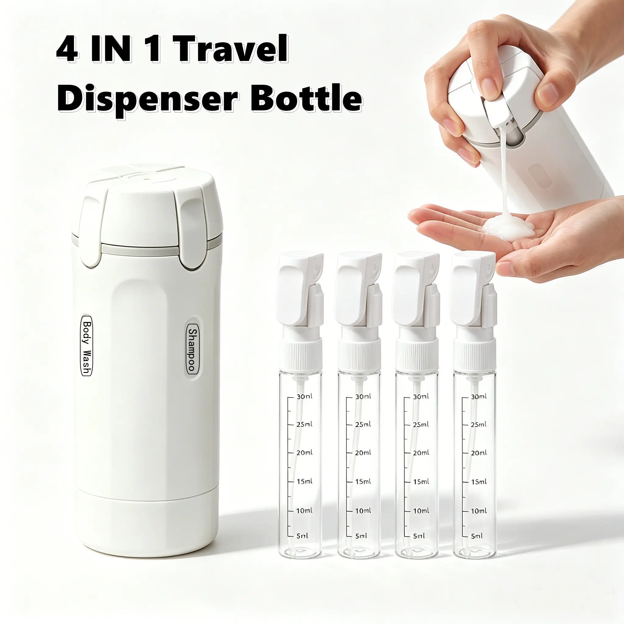 4-in-1 Leak Proof Travel Refillable Bottles, Compact Portable Toiletry Container Set for Shampoo Body Wash Lotion Toner, Ideal for Travel Gym Workout Outdoor Trip, Space Saving Dispenser Bottles With Scale Mark