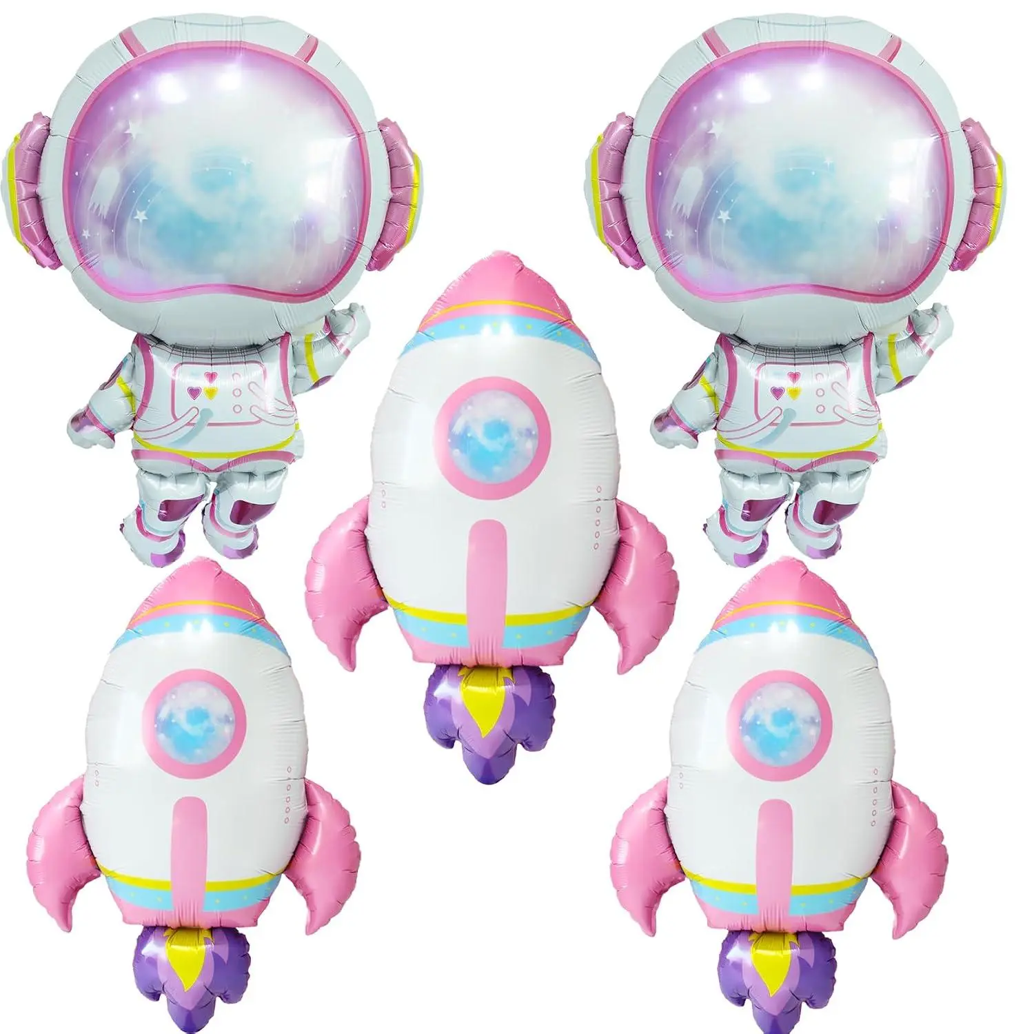 5Pcs Pink Purple Space Balloons/Pink Astronaut Rocket Foil Balloons/Two The Moon Party Balloons For Girls/Girl Ufo Universe Space Birthday Party Decoration