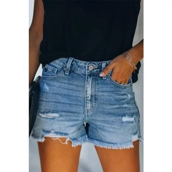 High-Rise Ripped Stretch Denim Shorts