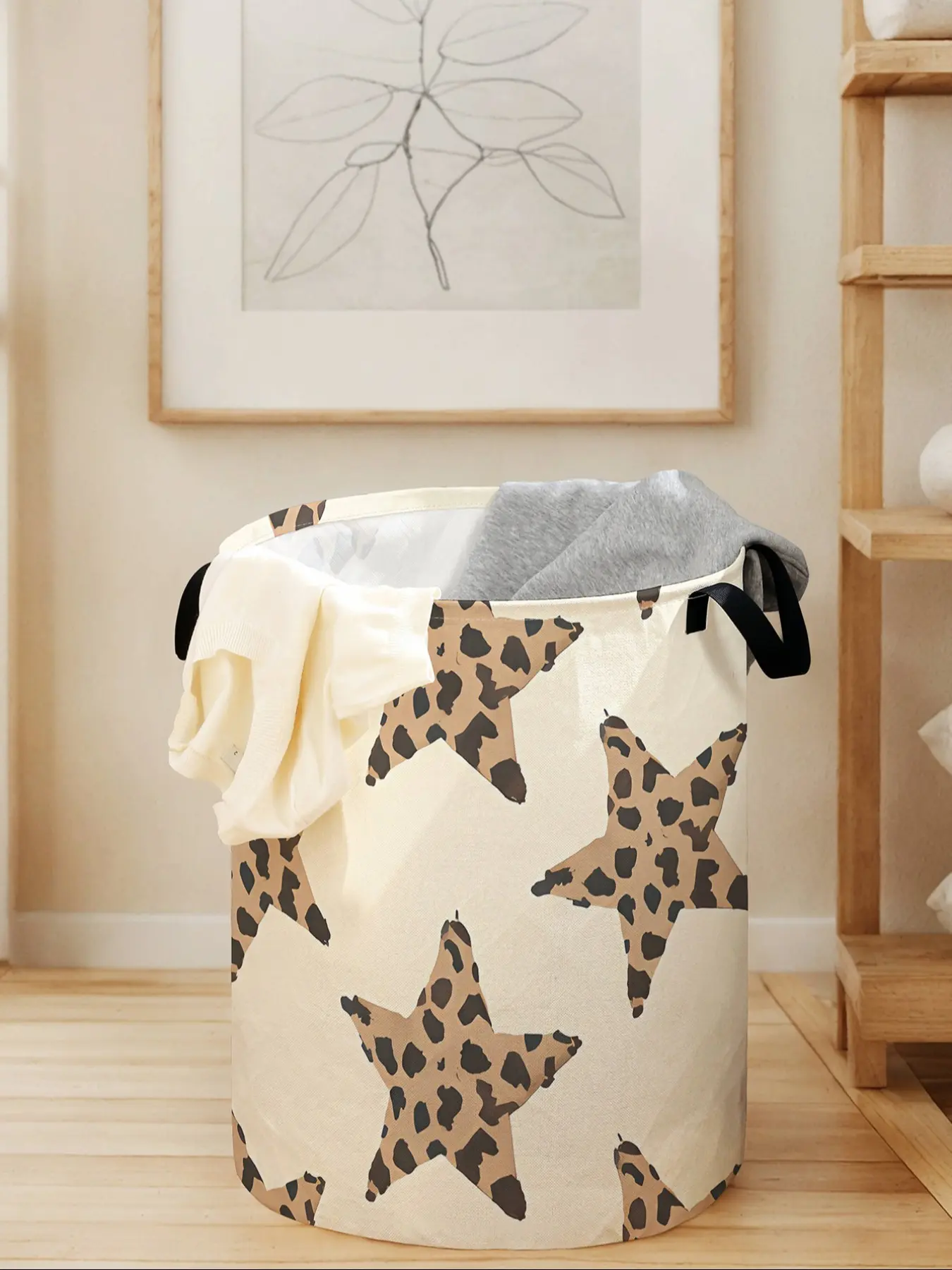 Dirty Clothes Basket Laundry Bin with Leopard Star Print, Durable Collapsible Laundry Hamper with Handles, Large Capacity Storage for Laundry and Toys