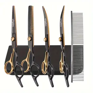 Pet Grooming Scissors Set, Grooming Supplies, Dog Shears Kit Includes Straight, Thinning, Curved Blades, Professional Pet Care Tools for Dogs