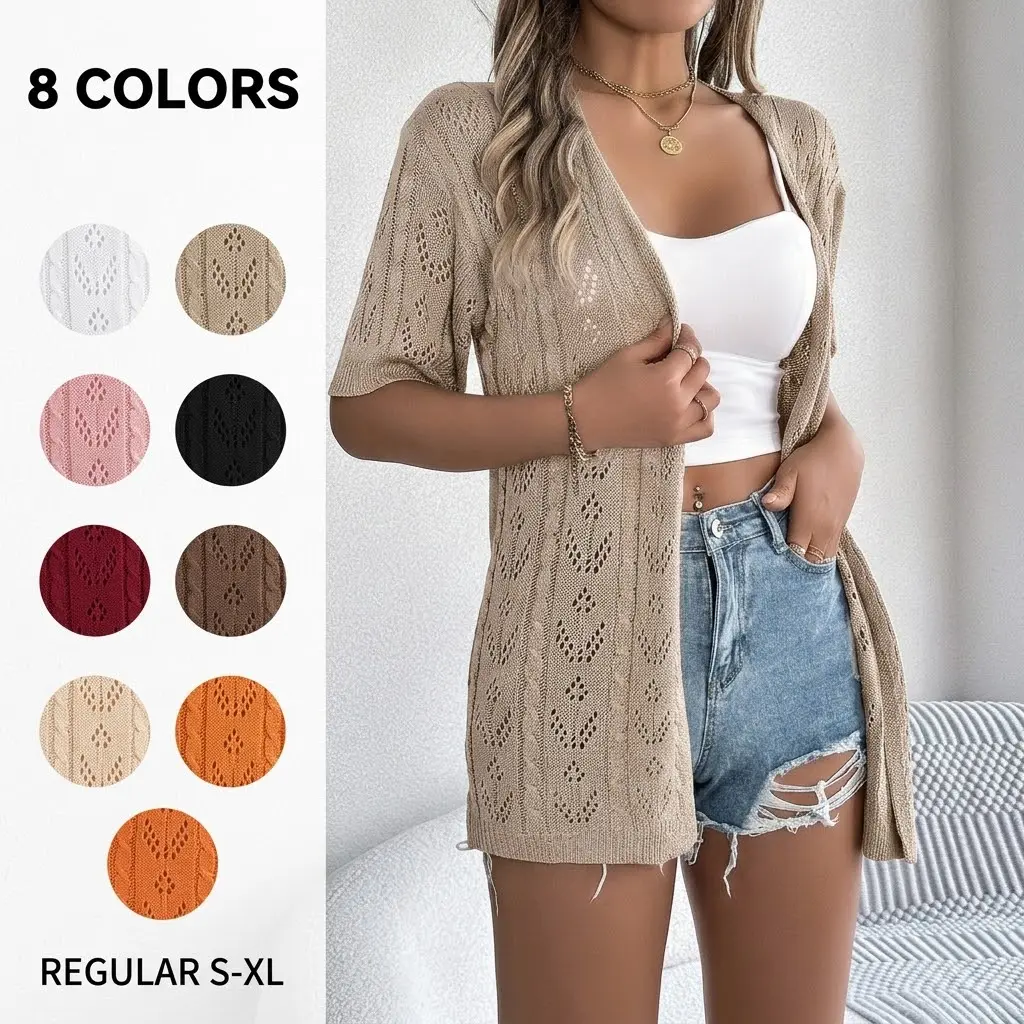 Women's Plain Hollow-Out Sheer Drop-Shoulder Cardigan, Casual Half-Sleeve Open-Front Knitwear for Summer, Fashion Women's Knitwear for Daily Wear