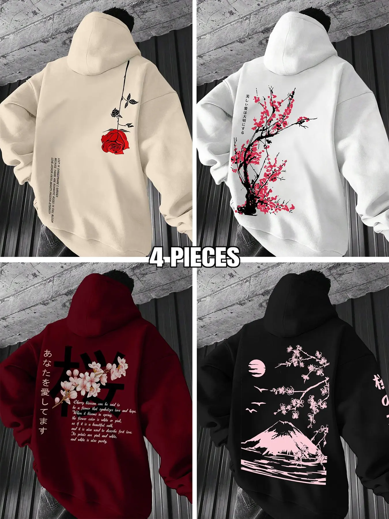 Men's Floral & Letter Print Drop Shoulder Hoodie, Casual Streetwear Hoodie, Casual Regular Fit Drawstring Pocket Hooded Sweatshirt for Daily Holiday Outdoor Wear, Men Clothes for Fall & Winter
