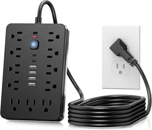 6 FT Flat Plug Surge Protector Power Strip,11 Multiple AC Outlets with 6 USB Ports (2 USB C), 6  Extension Cord, 1250W/10A, One Touch  Button, 17 in 1 Compact powerstrip