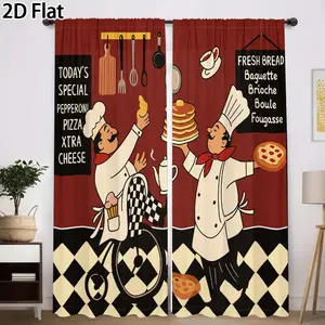 2D Flat 2Pcs Chef & Food Themed Curtain, Vintage Kitchen Decor Drapes, Fun Cartoon Design for Dining Room, Cafe, Bistro Restaurant, Home Decorative Window Treatment Panels Translucent tube bag design