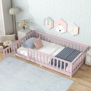 Twin Size Floor Bed with Fence and Door,Rubber Wood Platform Bed Frame with Safety Guardrails, for Kids Girls Boys