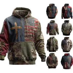 Men's Vintage Casual American Flag Cross Faith Hoodie Christian Patriotic Shirt 2025 Fashion Clothing