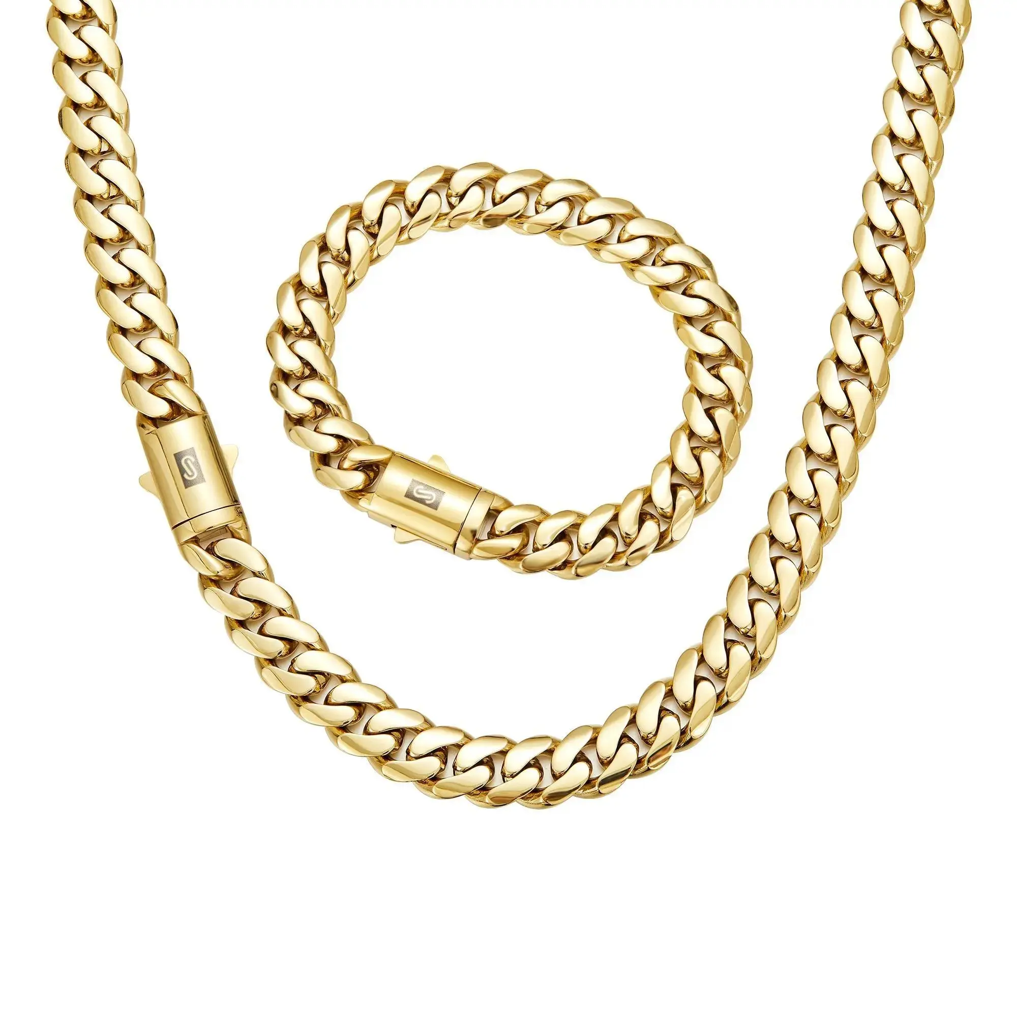 Set 2pcs 14K Gold Vacuum Plated Stainless Steel With Copper Black "S" Ear Clasp Miami Cuban Link Chain 6-14mm Necklace & Bracelet Italy Mexico & Micro Inspired for Women & Men Luxury Jewelry,Daily Wear,Fashion,Gift,Chicano,Classic,Hip Hop,Simple,Sporty