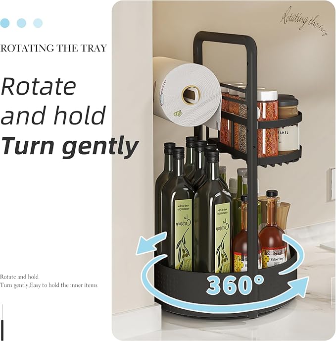 2-Tier Metal Lazy Susan Turntable - 360-Degree Rotatable Kitchen Organizer with Paper Towel Holder, Spice Jar, Condiment & Dish Drying Storage Rack for Countertops/Cabinets,space-saving organize,countertop storage