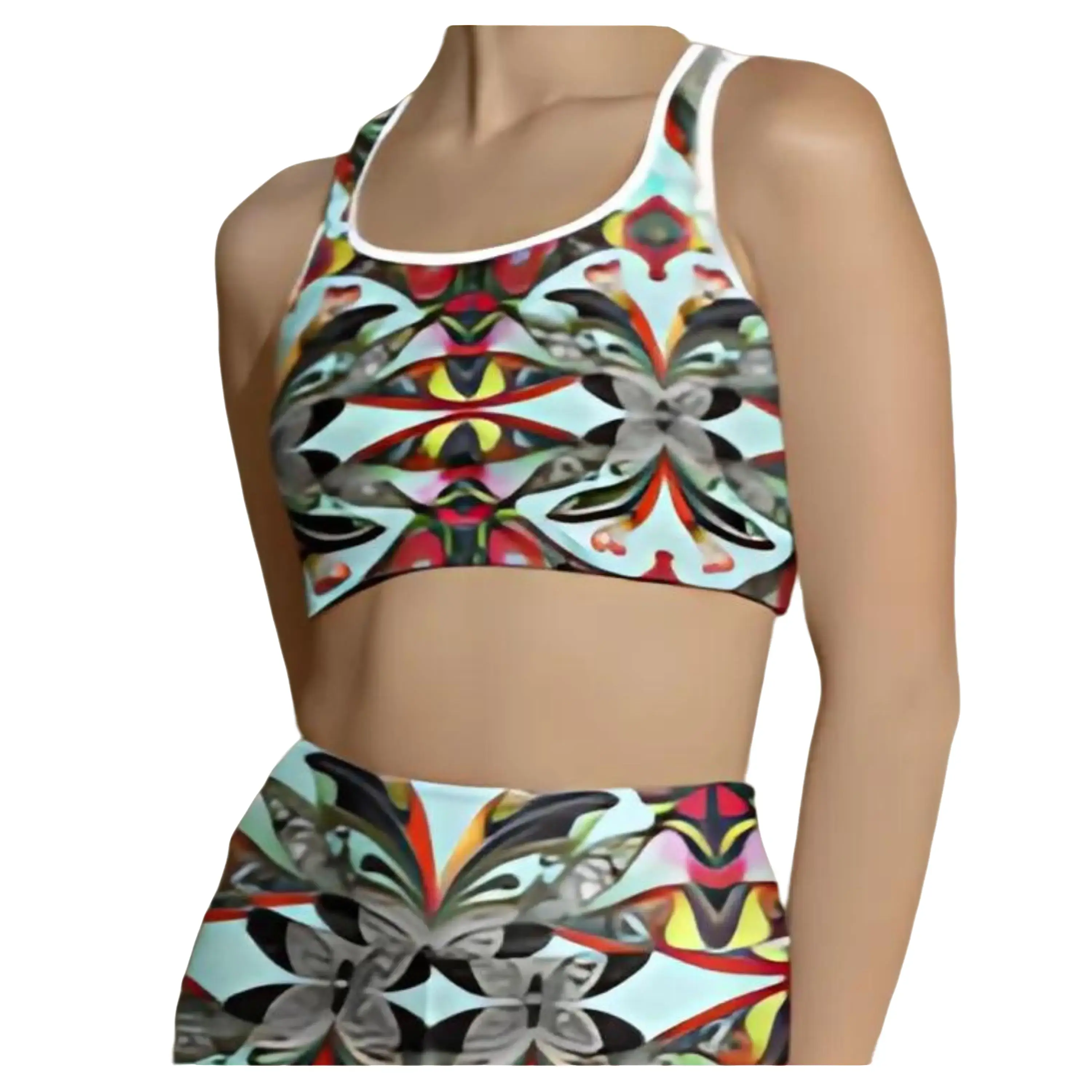Abstract Butterfly Sports Bra - Vibrant Bold Geometric Colorful Stained Glass Art Padded Gym Longline Fitness Gift Workout Bralette Crop Top
