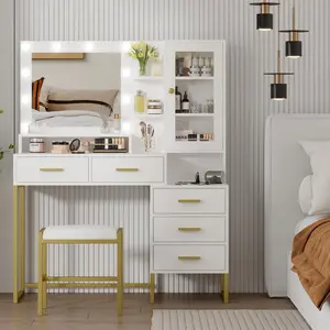 Large Makeup Vanity and Stool, Vanity Desk with Mirror and Lights, Makeup Table with Charging Station, Vanity Table with Drawers and LED Bulbs, White