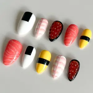 Sushi Press On Nails, Japanese Food Nail Set, Cute 3D Nail Art, Salmon Egg Nigiri Design, Handmade Kawaii Nails