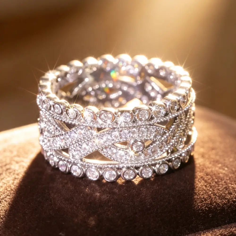 Vintage Intertwined Openwork Eternity Ring, Multi‑Detail Bezel‑Pave Wide‑Band Statement Finger Ring, Aesthetic Ornate Fashion Ring for Ladies Special Occasion