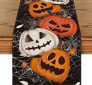 Mode Black Pumpkins Spider Web Halloween Table Runner, Seasonal Fall Kitchen Dining Table Decoration for Home Party Decor 13x72 Inch