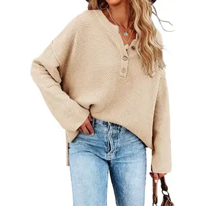 Imily Bela Women's Oversized Sweaters Batwing Long Sleeve Loose V Neck Button Henley Tops Pullover Knit Jumper