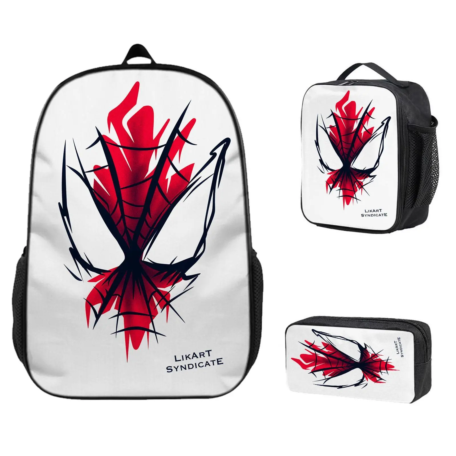 3-Piece Lightweight Casual Backpack Set - Insulated Meal Bag, Pencil Case,Red Spider Mask, Abstract Art Print, Likart Syndicate DesignAnime gifts, children will definitely love high-quality backpacks