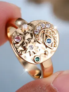 Charm Female Rainbow Zirconia Stone Synthetic Oval Engagement Ring Vintage Yellow Gold Color Wedding Jewelry For Women Statement Multi Ring