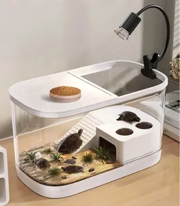 HD Clear Turtle Tank with Basking Platform, Lamp, Drain Pipe & Landscaping Kit, Escape-Proof Reptile Habitat, Land-Water Separation Aquarium for Turtles & Fish, All-in-One Durable Pet Enclosure (Drainage Included)