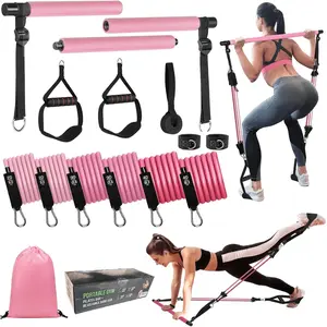 Pilates Bar Kit with 3 Resistance Bands, 2 Handles, and Door Anchor for At-Home Workouts, Lightweight Design