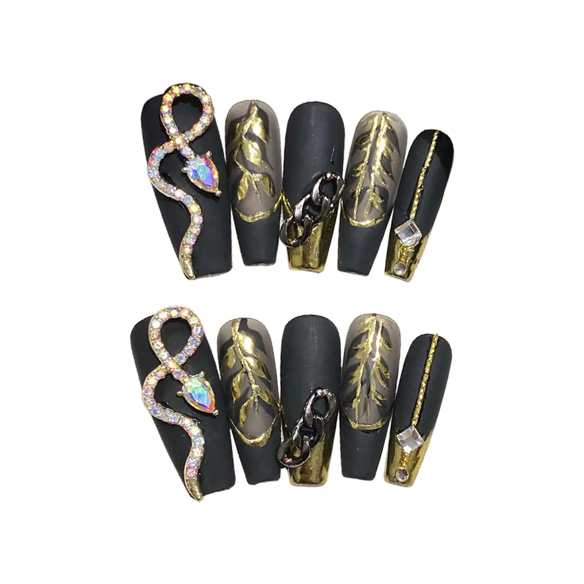 10PCS Handmade Gothic Black-Gold Long Coffin Press-On Nails - Crystal Snake, Chain, Leaf Decorations - Reusable Acrylic Fakes for Edgy Nail Art Style