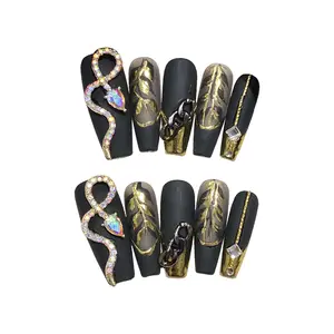 Gothic Black-Gold Long Coffin Press On Nails With Crystal Snake, Chain And Leaf Decorations, 10PCS Handmade Reusable Acrylic Fake Nails For Edgy Style