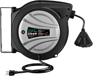 Cecarol Extension Cord Reel 14AWG/3C SJTOW 50FT Retractable Cord with Triple Tap, 13A/ 125V/ 1625W, Slow Retraction Tech, Circuit Breaker, Power Indicator, 180° Swivel (50FT, Black)/(65FT, Black)
