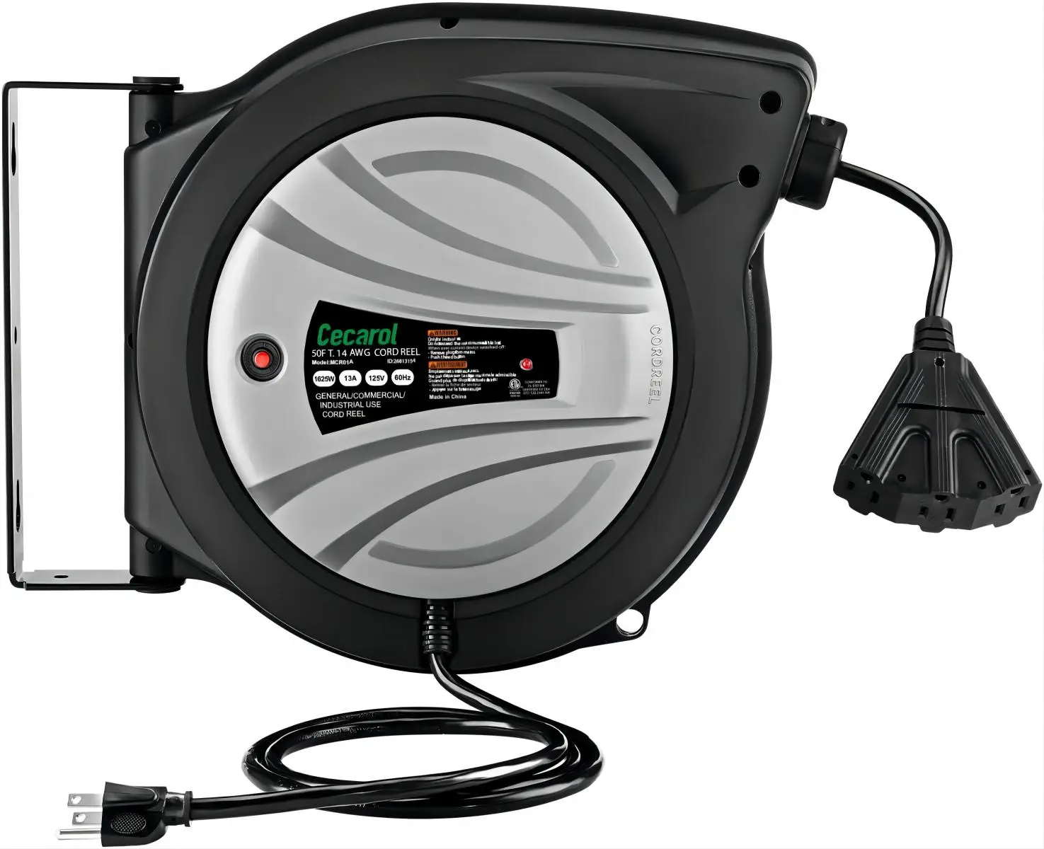 Cecarol Extension Cord Reel 14AWG/3C SJTOW 50FT Retractable Cord with Triple Tap, 13A/ 125V/ 1625W, Slow Retraction Tech, Circuit Breaker, Power Indic