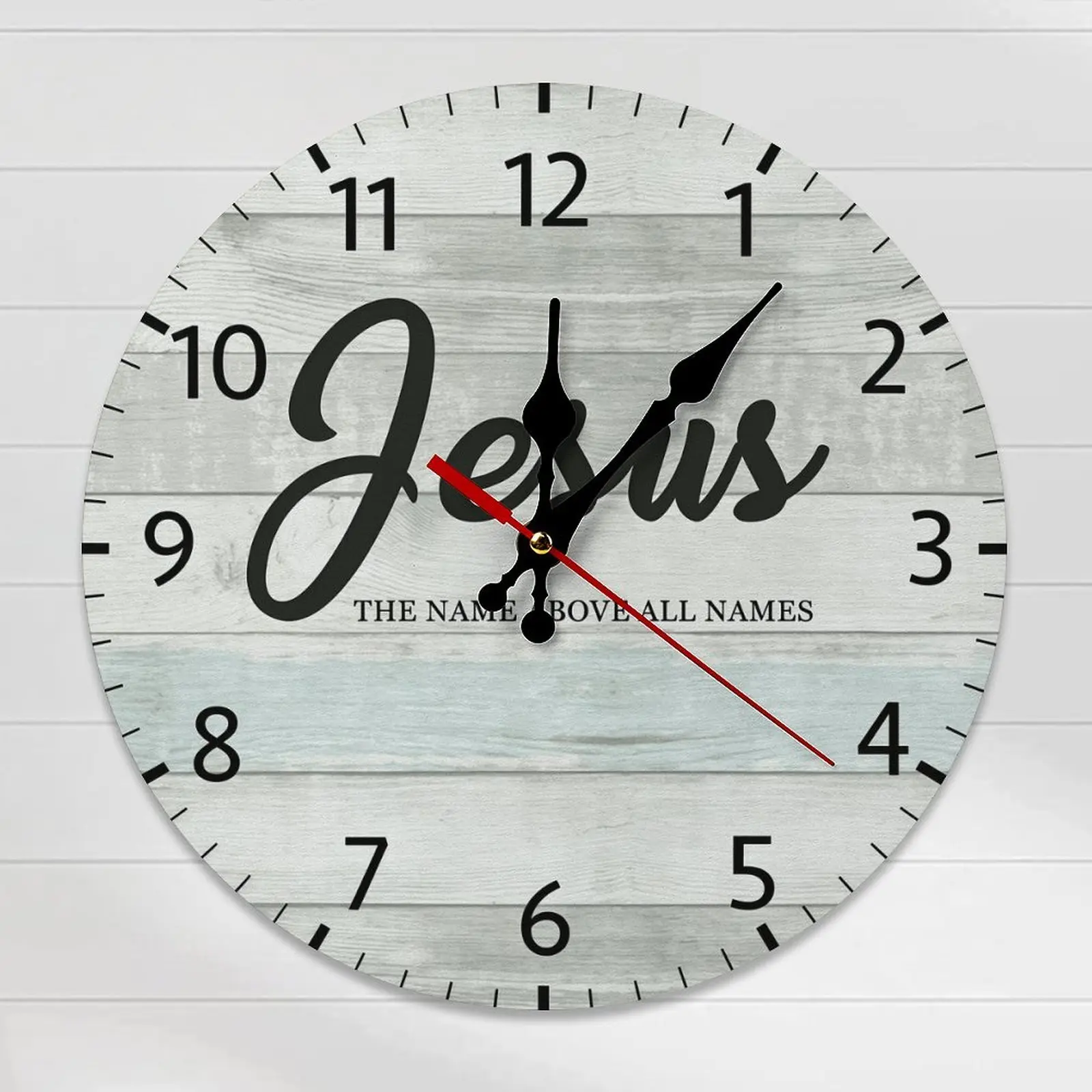 Vintage Round Jesus The Name Above All Names Wooden Wall Clock - 10/12in Rustic Quiet Light Wall-Mounted Clock, DIY Assembly Required, Christian Faith Room Decor, Religious Home Gift