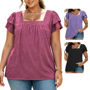 Plus Size Summer Tops for Women Petal Short Sleeve Square Neck Tunic Shirts Flowy Pleated Dressy Shortsleeve Blouses XL–5XL VPS0130 tshirts summerwins