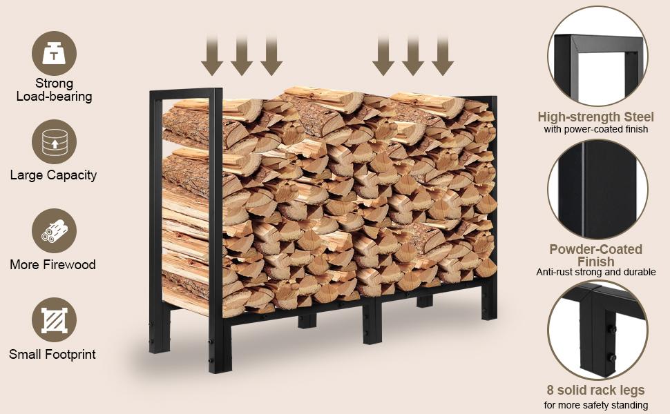 4ft Heavy Duty Firewood Storage Rack with Kindling Holder for Indoor Outdoor Home Garden Patio Wood Rack for Fireplace, Fire Pit, Woodstove