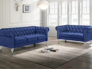 24-13CB-2PC 2 pc Emma blue velvet fabric crystal button tufted sofa and love seat set acrylic legs nail head trim