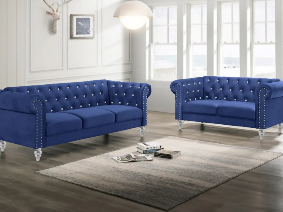 24-13CB-2PC 2 pc Emma blue velvet fabric crystal button tufted sofa and love seat set acrylic legs nail head trim