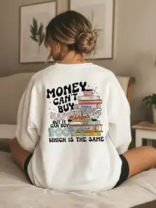 Women's Letter & Book Print Drop Shoulder Sweatshirt, Fashion Casual Crew Neck Long Sleeve Pullover Tops For Daily Wear, Women's Clothing For Spring & Fall