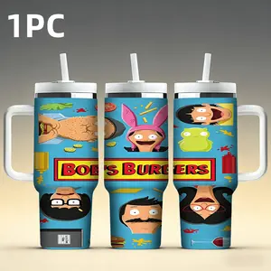 1pc 40oz Happy Burger Shop character collage insulated cup Tumbler - Bob's Burgers - Cartoon-themed accessories - Stainless steel - With straw & handle