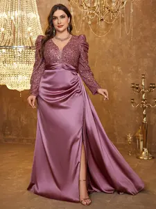 Elegant Plus Size V-Neck Princess Sleeve Sequin Embroidered Satin Gown Dress, Floor-Length Draped Formal Party Dress for Women