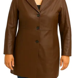 Dona Michi Women's Genuine Soft Leather Buttons Closure Jacket Brown Fashionable Outerwear Casual Coats Lightweight  Top Grain Leather