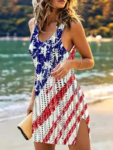 Women's American Flag Hollow Out Split Thigh Tank Dress, 4th of July scoop neck sleeveless A-line dress. Casual summer sundress perfect for Independence Day daily wear and holiday occasions.