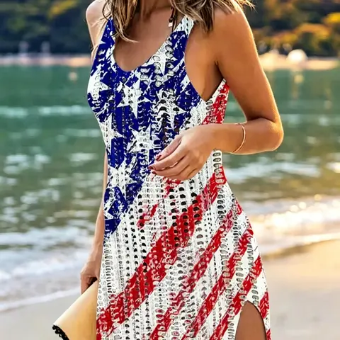 Women's American Flag Hollow Out Split Thigh Tank Dress, 4th of July scoop neck sleeveless A-line dress. Casual summer sundress perfect for Independence Day daily wear and holiday occasions.