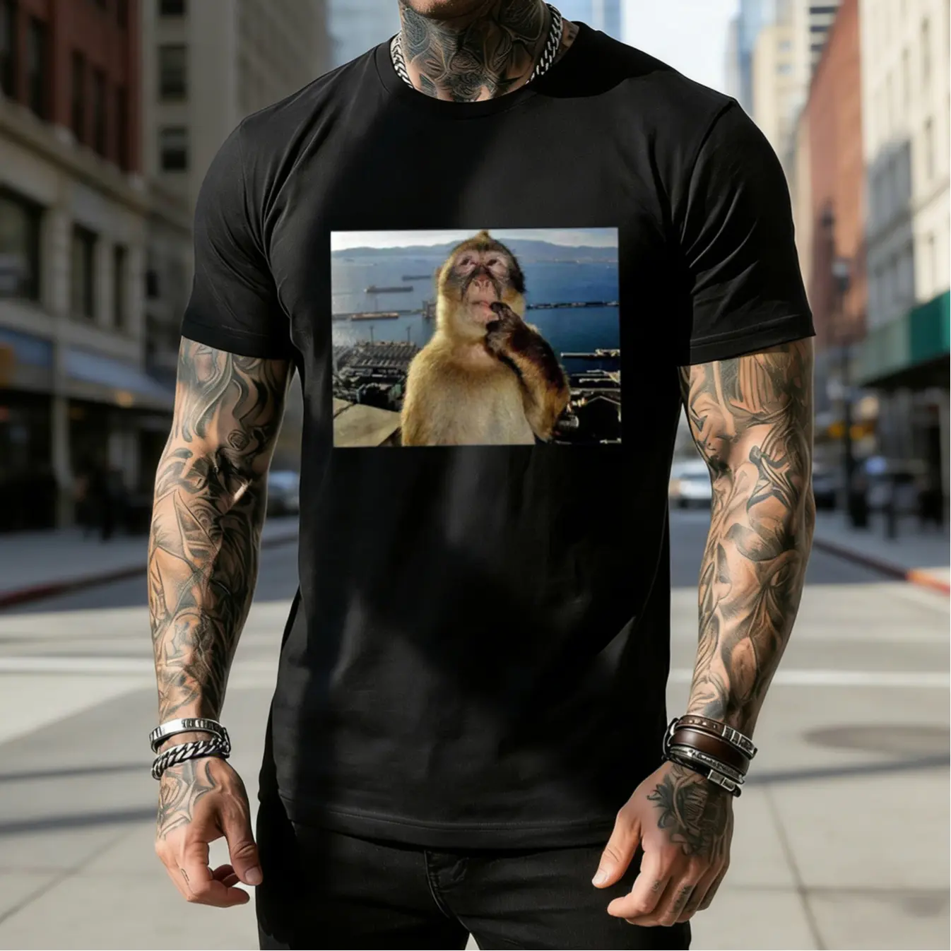 Retro Thinking Monkey Graphic T-Shirt, Unisex Loose-Fitting Crew Neck in 100% Cotton with Custom Digital Print, Apparel, Casual, Customized, Round Neck
