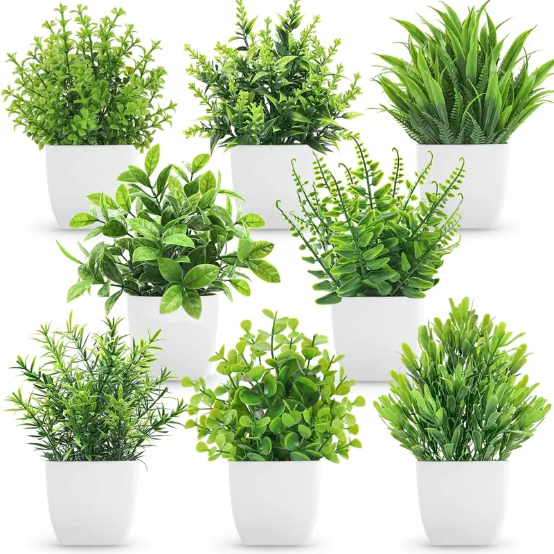 Der Rose 8-Pack Lifelike Fake Plastic Potted Plants Set - Artificial Ferns, Fake Indoor Plants for House Decor, Garage - Summerwins Mid Year Sale