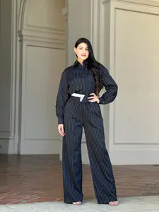 Striped Set with Double Waistband Pants and Top Below the Ankle 100% Polyester Coordinated Outfit for Casual Events