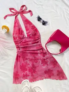 Women's Floral Halter Mini Dress, Ruched Mesh V-Neck Backless Cocktail Dress, Asymmetrical Lace Hem Party Gown, Mesh Lace Vacation Dress