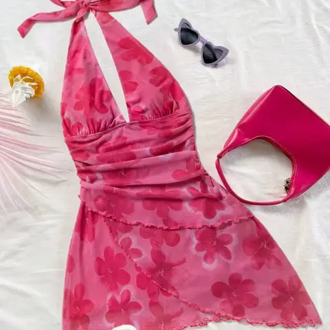 Women's Floral Halter Mini Dress, Ruched Mesh V-Neck Backless Elegant Formal Wear Cocktail Dress, Night out dress, Asymmetrical Lace Hem Party Gown, Mesh Lace Chic Vacation Dress