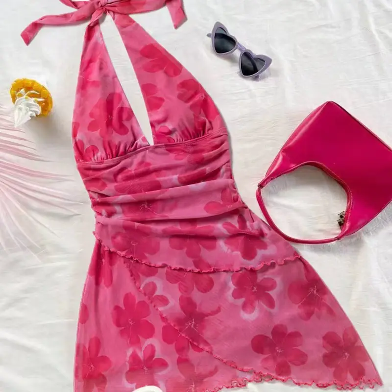 Women's Floral Halter Mini Dress, Ruched Mesh V-Neck Backless Elegant Formal Wear Cocktail Dress, Night out dress, Asymmetrical Lace Hem Party Gown, Mesh Lace Chic Vacation Dress