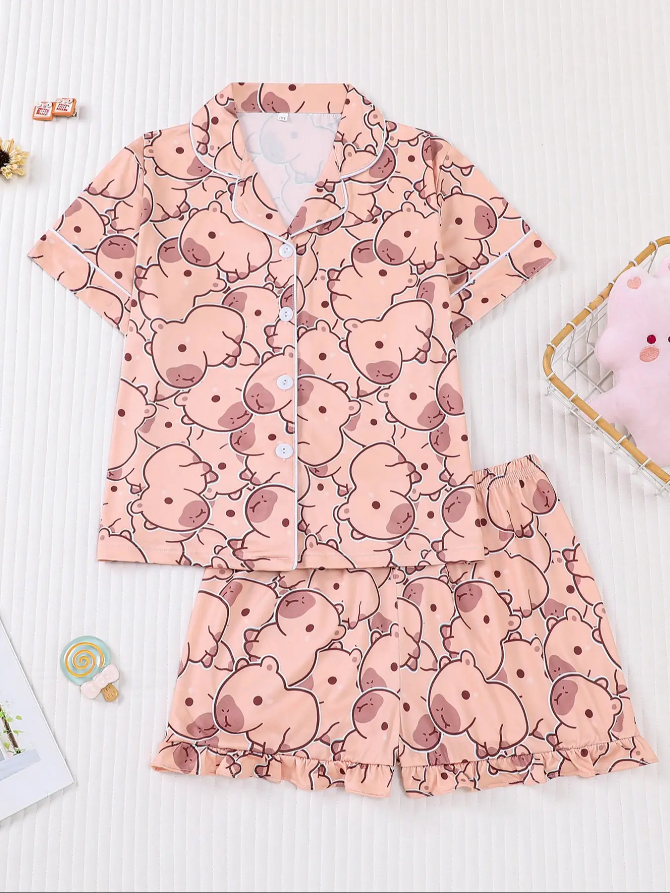 Children's Leisure Pajamas 2 Piece Set, New Flame Retardant Fabric, Casual Comfortable Collarless Cardigan Short Sleeves Elastic Shorts Full Print Car