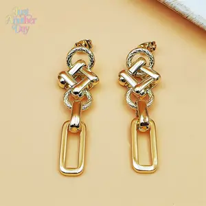 Trendy Gold Tone Chain Link Earrings with Knot and Paperclip Link Design Textured Circular Ring Accents Bold Statement Jewelry for Women Perfect for Everyday and Party Wear Lightweight and Stylish Accessory Ideal Gift for Loved Ones