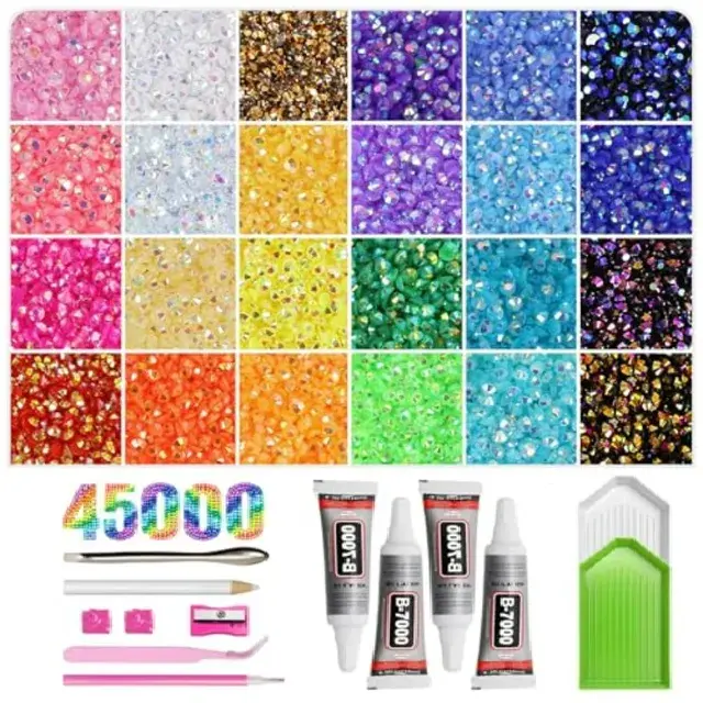 45000Pcs Nail Art Rhinestones Bedazzling Kit - 3mm Flatback Gems All-in-1 DIY Craft Kit with 4x B-7000 Jewelry Glue, Wax Pencil, Tweezers, Sorting Trays, Grid Box Organizer for Tumblers, Nails, Phone Cases