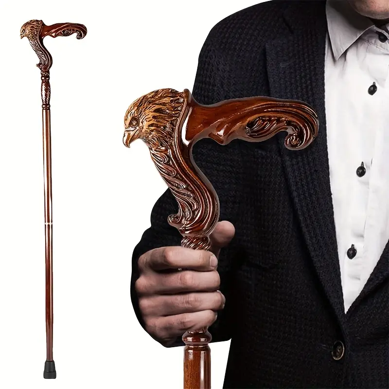Elegant Eagle Head Gentleman's Cane - Unisex Style Fit Wooden Walking Stick with Ergonomic Comfort Grip, Wooden Elegance Decorative Stick for Father's Day Gift & Role-Play, Sports & Outdoor Hiking Equipment, Vintage Couple Prop, Universal, Adults, Wooden