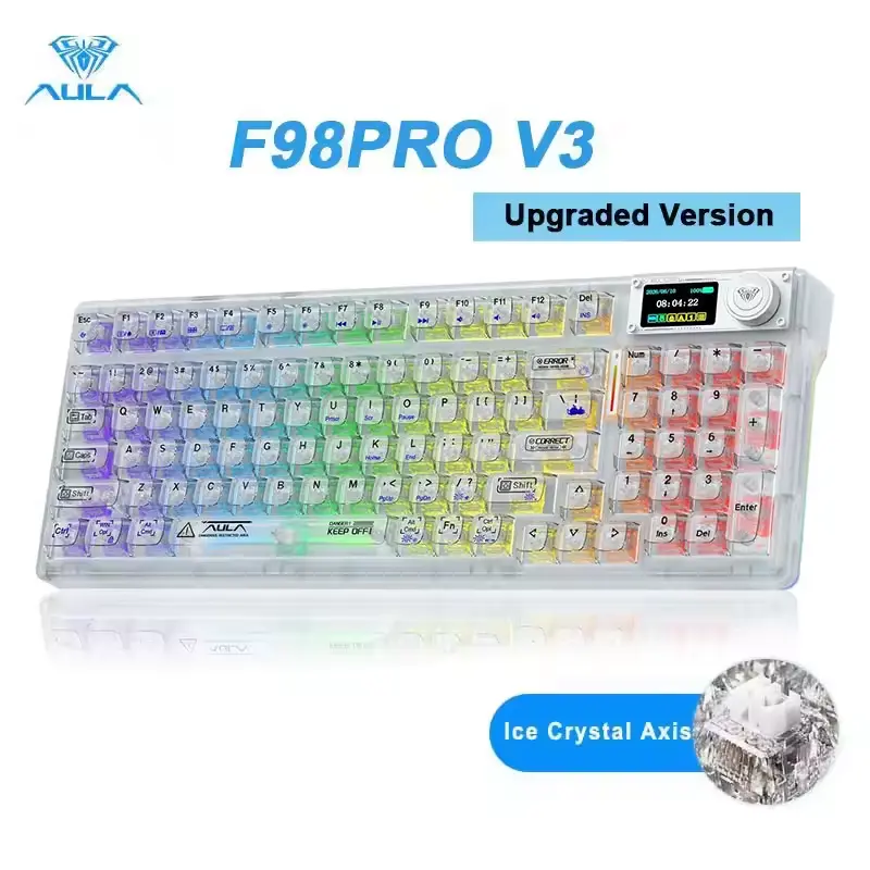 [Version 2.0] AULA F98 Pro V3 Full Transparent Wireless Mechanical Keyboard 10000mAh Battery, TFT Smart Screen & Knob, Tri-Mode Bluetooth/2.4G/USB-C, Hot Swappable Gasket RGB Gaming Keyboard,summerwins,back to school,back to school shopping